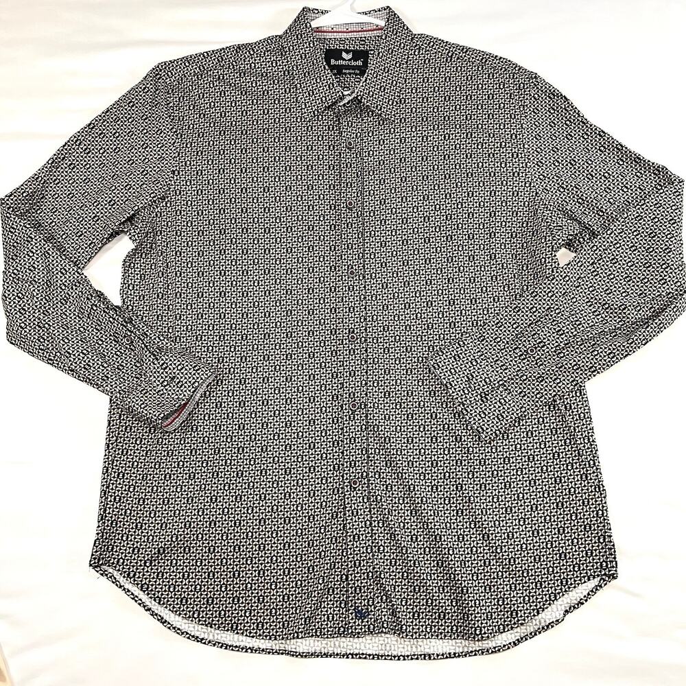 Buttercloth Dress Shirt Size 2X Chess Print Black Gold Regular Fit Button Up L/S